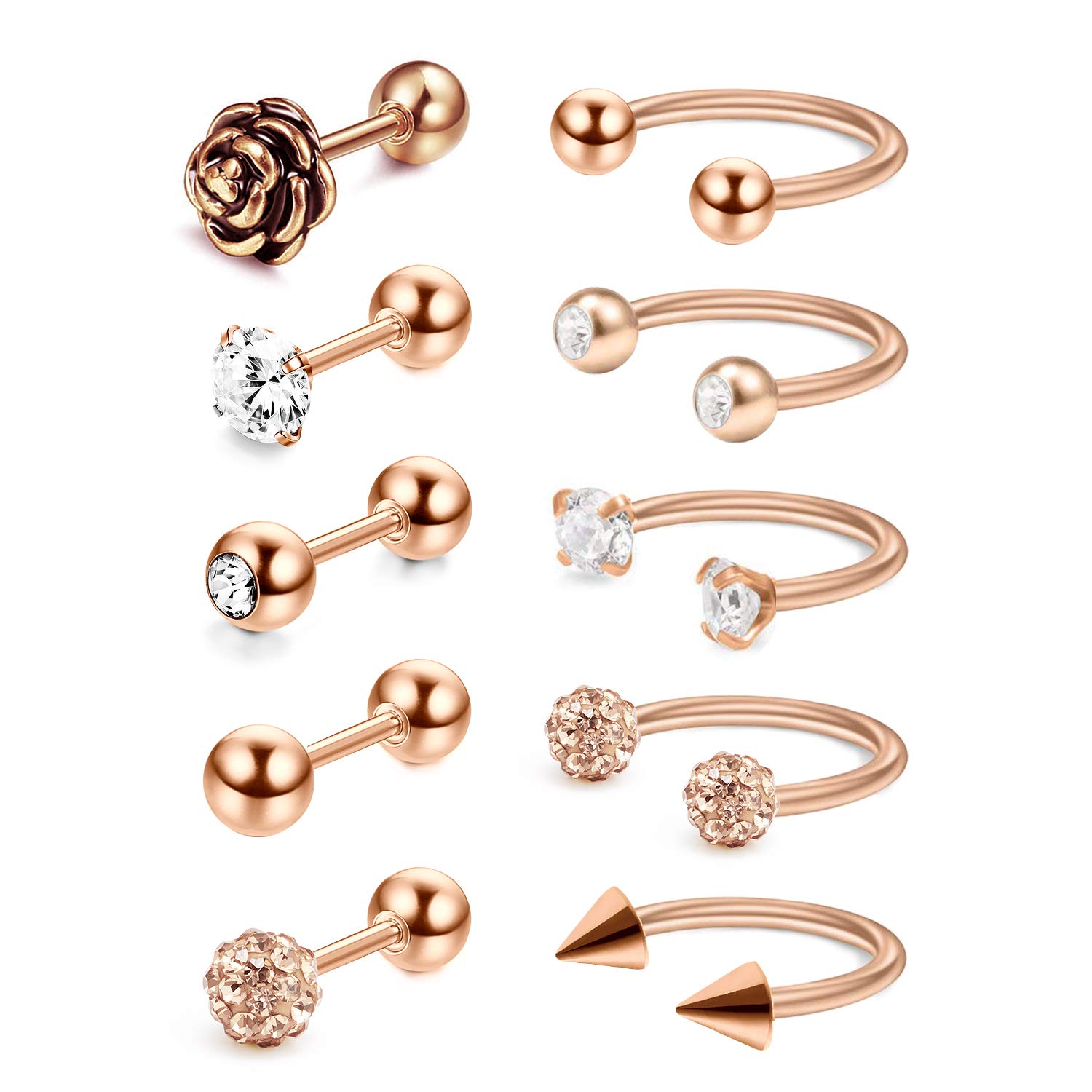 Crdifu 10pcs Tragus Helix Cartilage Earring Studs Daith Rook Conch Horseshoe Ring Stainless Steel 16G Piercing Jewellery