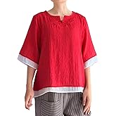 Minibee Women's Cotton Linen Shirts Summer 3/4 Length Sleeve Tops Chinese Frog Casual Blouse