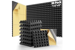 BEEQUIET 36 Pack Sound Proof Foam Panels for Walls with Self Adhesive, 12" X 12" X 1" High Density Acoustic Panels Sound Absorbing, Pyramid Design Soundproof Wall Panels for Studio and Home - Black