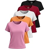 Real Essentials 5 Pack: Women's Breeze Tech Short Sleeve T-Shirts Athletic Tops Gym Workout Yoga Tennis Activewear (Plus)