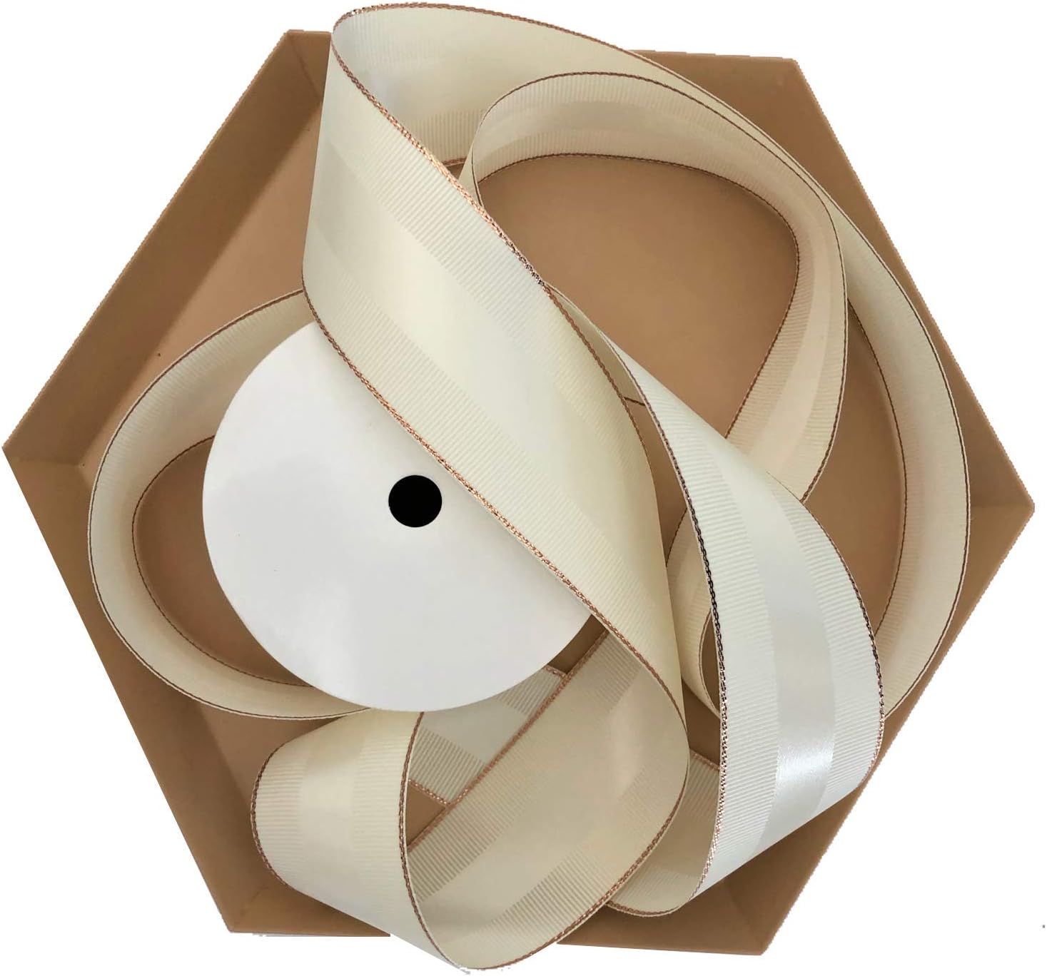 Antique White and Rose Gold Grosgrain Ribbon 1 1/2 inch, 30 Yards of Double Face, 1.5 Inch, Premium Crème Fabric Ribbon with Metal Trim for Elegant Gifts, Baby Showers, Christenings