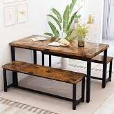 43.4" Dining Table Set for 4, Kitchen Table with 2 Benches, Rustic Brown | Space-saving Kitchen Table Set, Steel Frame &amp; MDF, Modern Dining Room Table Set for Apartment, Breakfast Nook, Easy Assembly