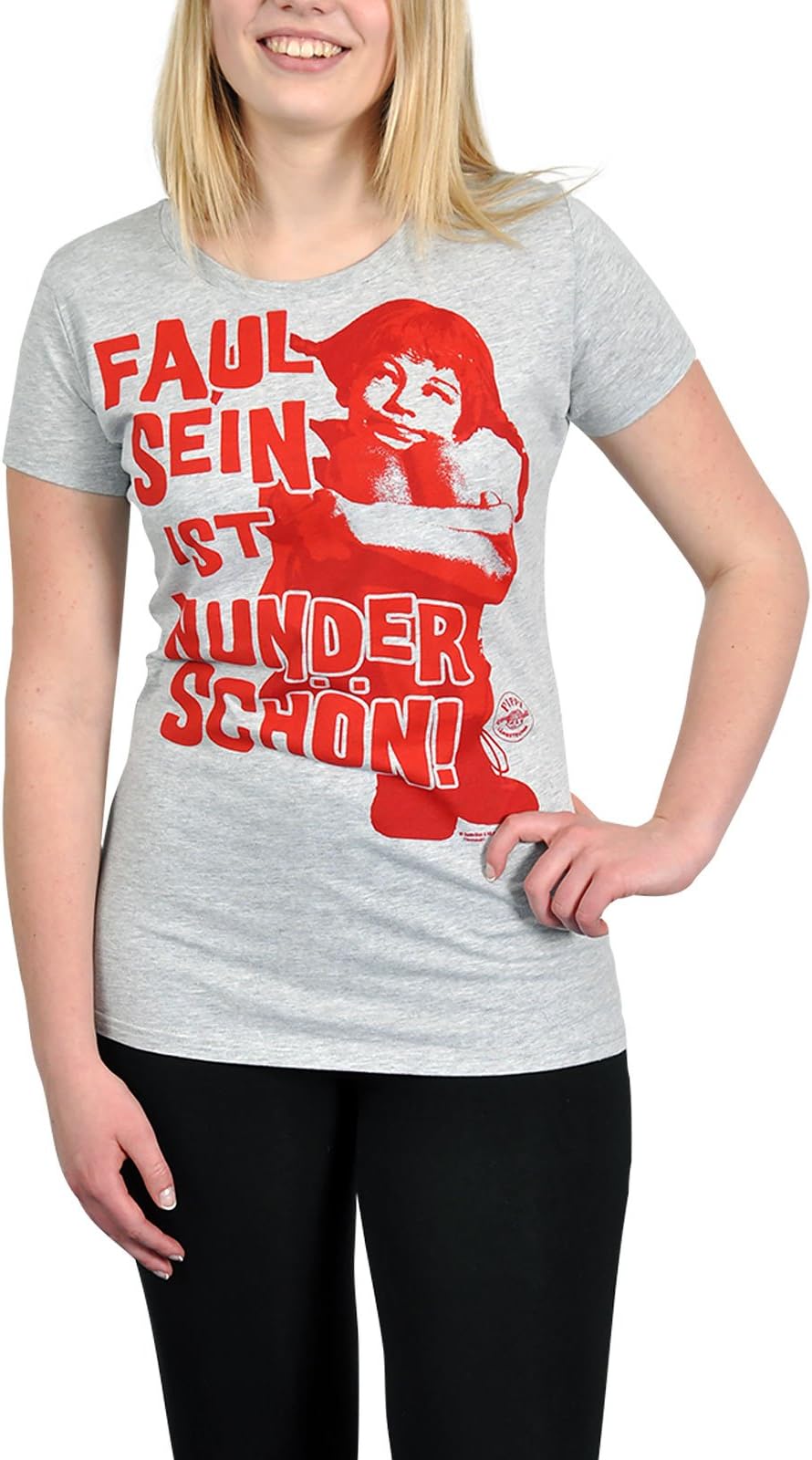 Pippi Longstocking - Girlie Shirt with Retro Print - Licensed - Slim Fit - Grey - L
