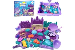 BEIREG Mermaid Sensory Bin Kit - 60Pcs Sensory Sand Set with 2lbs (Purple/Teal/Beach), 17 Sea Castle & Marine Molds, 12 Tools, Treasure Chest, Ocean Sandbox Mermaid Toys Gifts for Girls Ages 3-8