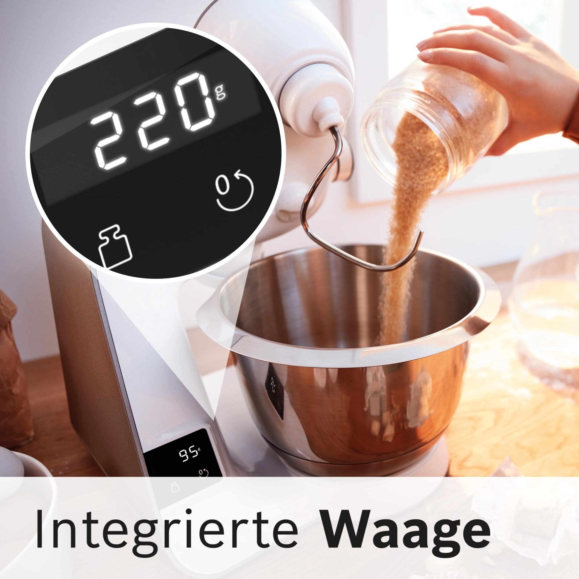 Bosch Küchenmaschine Serie 4, integrierte Waage, Mixer 1,25 L, Edelstahl-Schüssel 3,9 L, Profi-Knethaken, Schnee-, Silikonbesen, Durchlaufschnitzler, 4 Scheiben, 1000 W, weiß, MUM5XW20 6