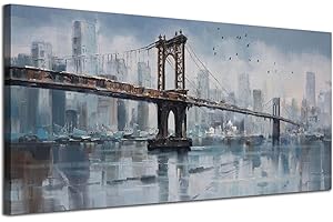 Enartly Brooklyn Bridge Wall Art Canvas Abstract Skyline New York City Painting Modern Bridge Colorful NYC Picture Framed for Bedroom Bathroom Living Room Home Office Wall Decor Large Size 58"x29"