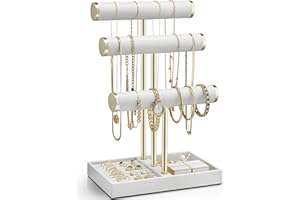 Vlando 3 Tier Bracelet Holder Organizer with Tray - Leather Jewelry Stand Organizer for Women - Jewelry Holder Display for Necklace, Watches, Rings, Earrings, Bangle, Scrunchie - White