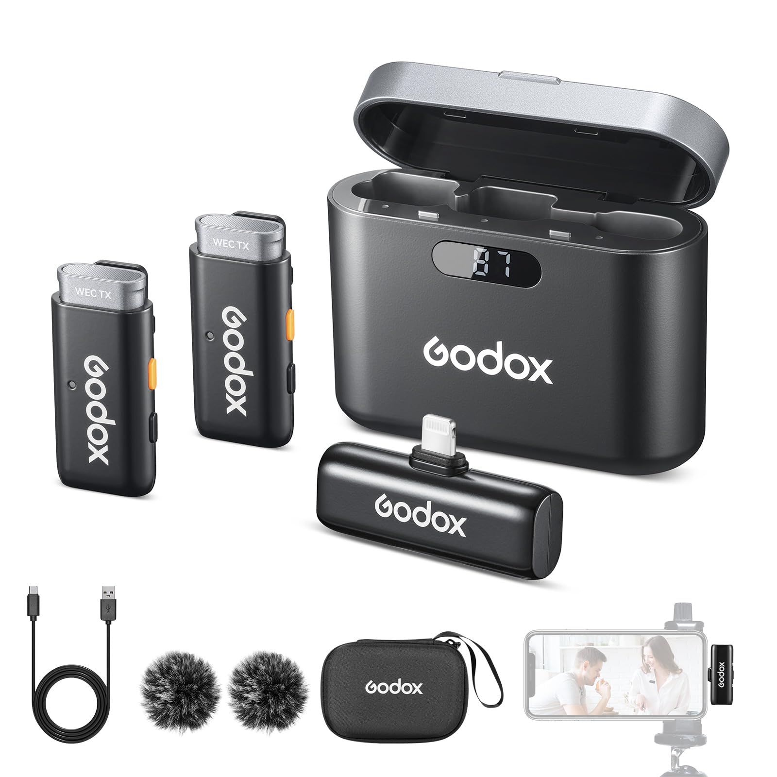 GODOX WES 1 KIT2 2.4G Wireless Microphone with Noise Reduction Compatible with Lightning/iPhone, 1 Receiver 2 Transmitter Microphones, Suitable for Smartphones, Tablets for Vlogging, Livestreaming