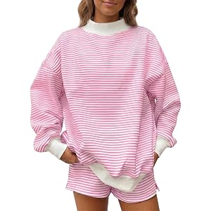 Fisoew Womens Striped 2 Piece Outfits Lounge Sets Mock Neck Oversized Long Sleeve Sweatshirts Casual Shorts Y2k Matching Sets