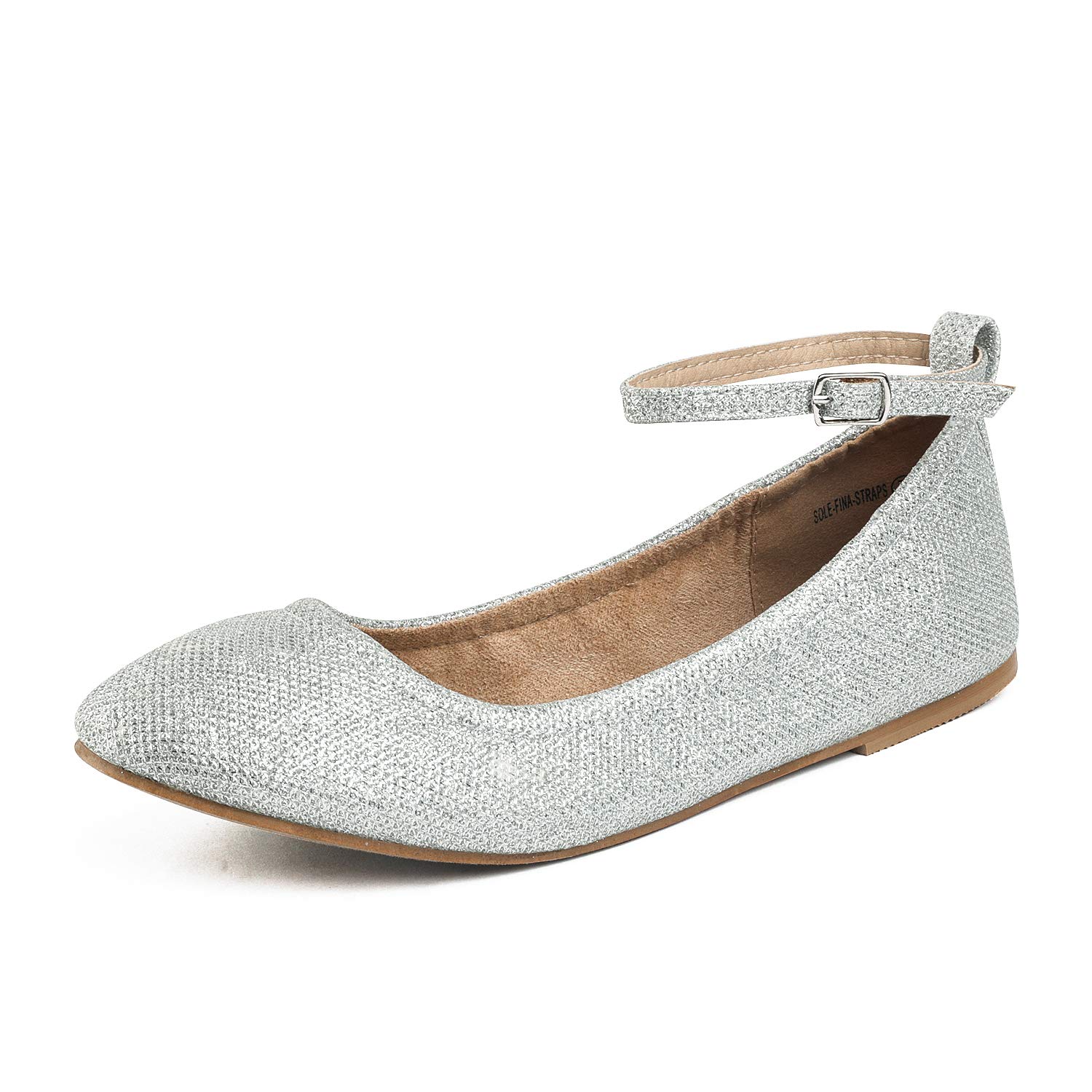 DREAM PAIRS Women's Sole-Fina-Straps Silver Glitter Ankle Straps Ballet Flats Shoes - 7.5 B(M) US
