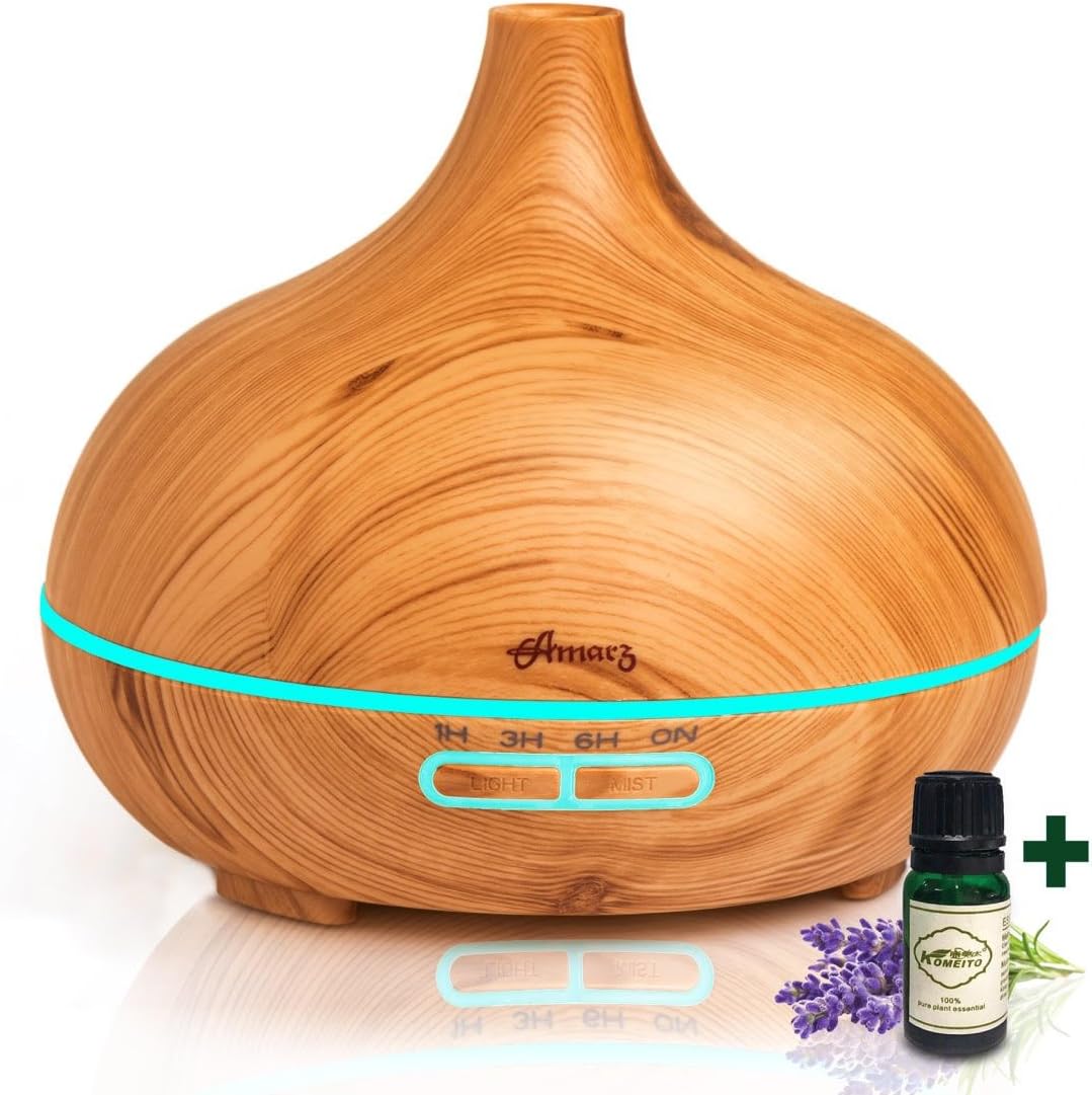 AMARZ Luxurious Essential Oil Diffuser & Cool Mist Humidifier – Aromatherapy Ultrasonic Diffuser for Sleep, Natural Calm, Relaxation and Stress Reduction Plus Free Bonus Lavender Essential Oil