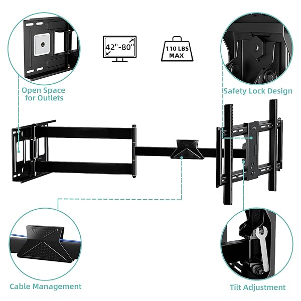 HCMOUNTING LONG ARM TV WALL MOUNT FOR 42-80 INCH TVS, FULL MOTION WITH 43 INCH EXTENSION ARTICULATING ARMS, SWIVEL AND TILT TV BRACKET, HOLDS UP TO 110 LBS, MAX VESA 600X400MM