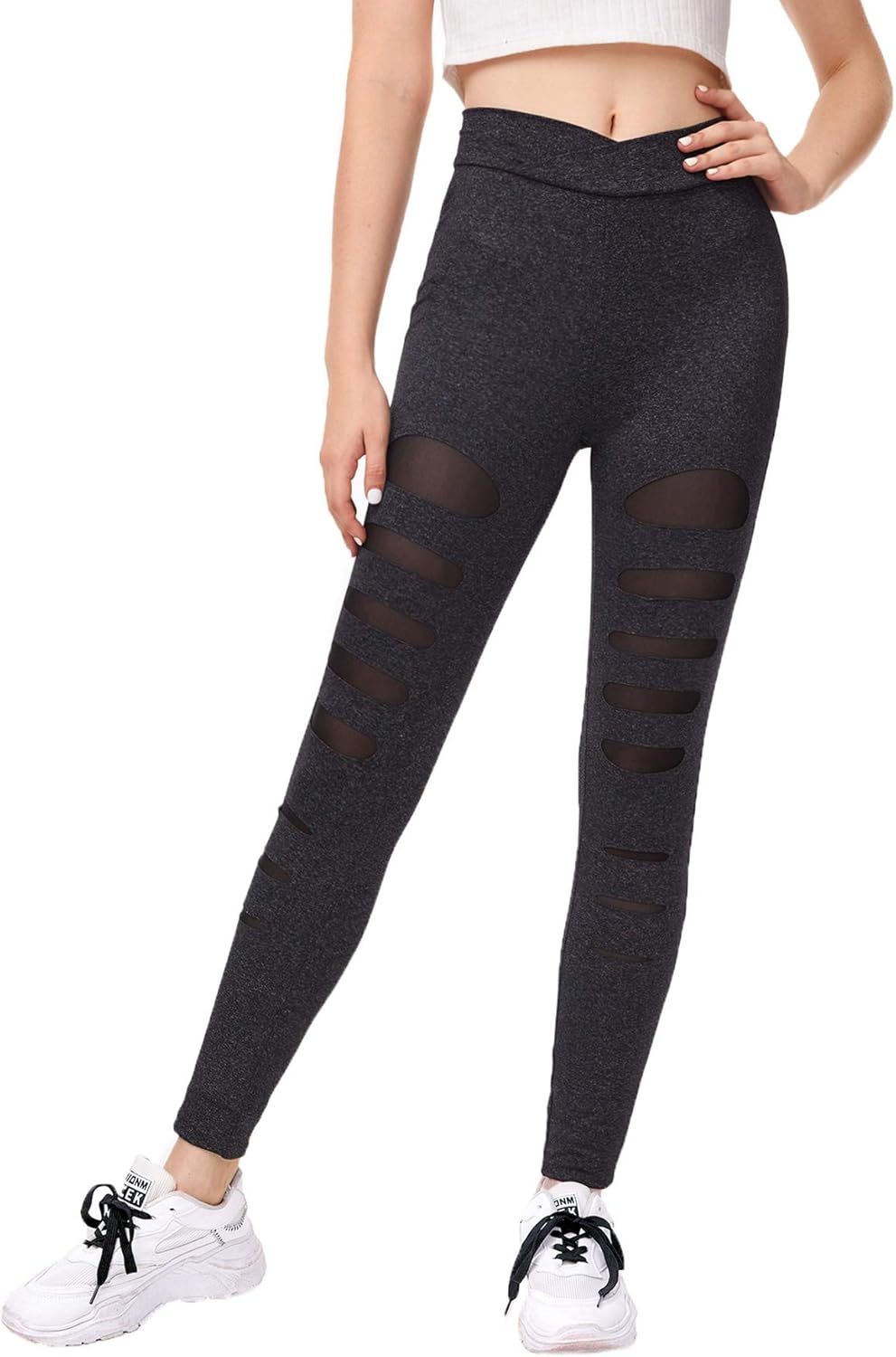 SweatyRocks Women's Legging Mesh Insert Ripped Tights Yoga Slim Pants at  Women’s Clothing store