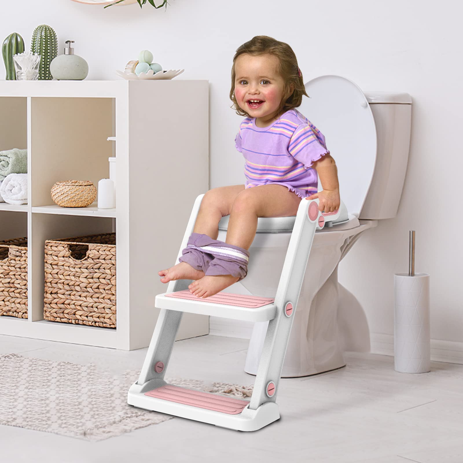 Victostar Potty Training Seat with Step Stool Ladder, Foldable Potty Training Toilet for Kids Boys Girls Toddlers-Comfortable Cushion Safe Handle Anti-Slip Pads