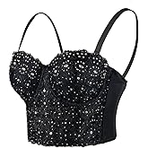 ELLACCI Women's Natural Reigning Lace Rhinestone Bustier Crop Top Sexy Mesh Corset Top Bra