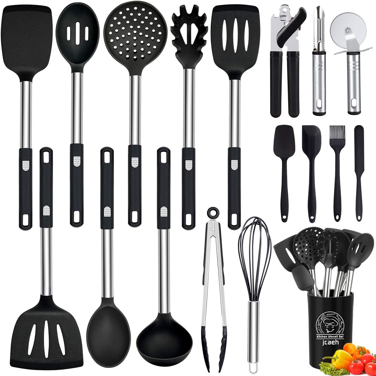 Silicone Kitchen Utensils Set, 18 Pcs Cooking Utensils Set Heat Resistant Non-stick Silicone Cookware with Stainless Steel Handle Can Opener Spatulas Pizza Cutter Kitchen Tools (BPA Free, Non Toxic)