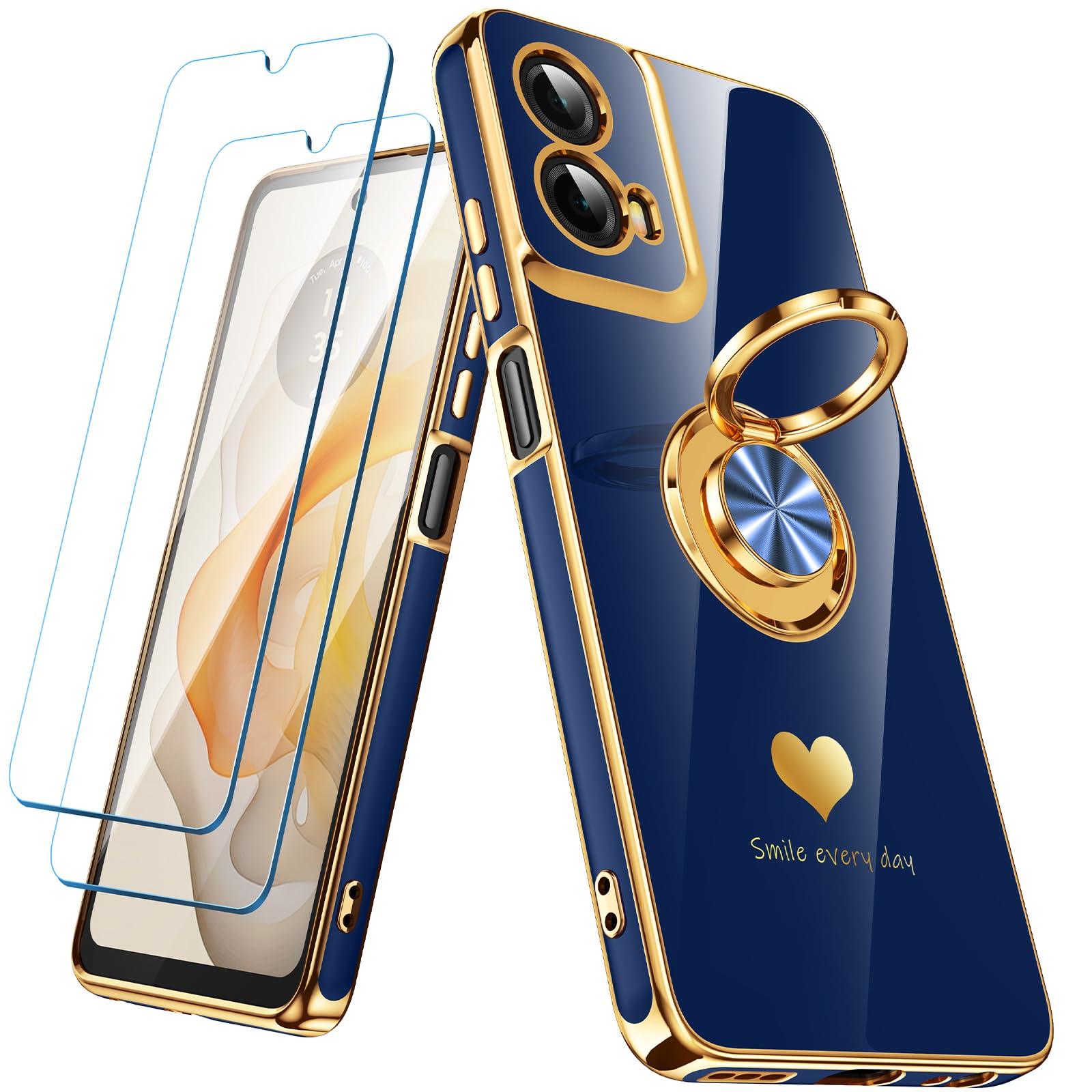 Nonional for Motorola Moto G 5G 2024 Case with 2 Pack Screen Protector, 360° Rotatable Ring Holder [Luxury Hearts Pattern] Plating Gold Edge Slim Soft Phone Cover for Moto G 5G 2024 - Blue
