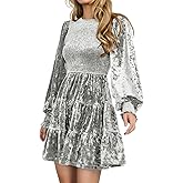 R.Vivimos Women's Fall Winter Crushed Velvet Dress Long Sleeve Crew Neck Elastic Smocked A-Line Tiered Ruffle Mini Dress