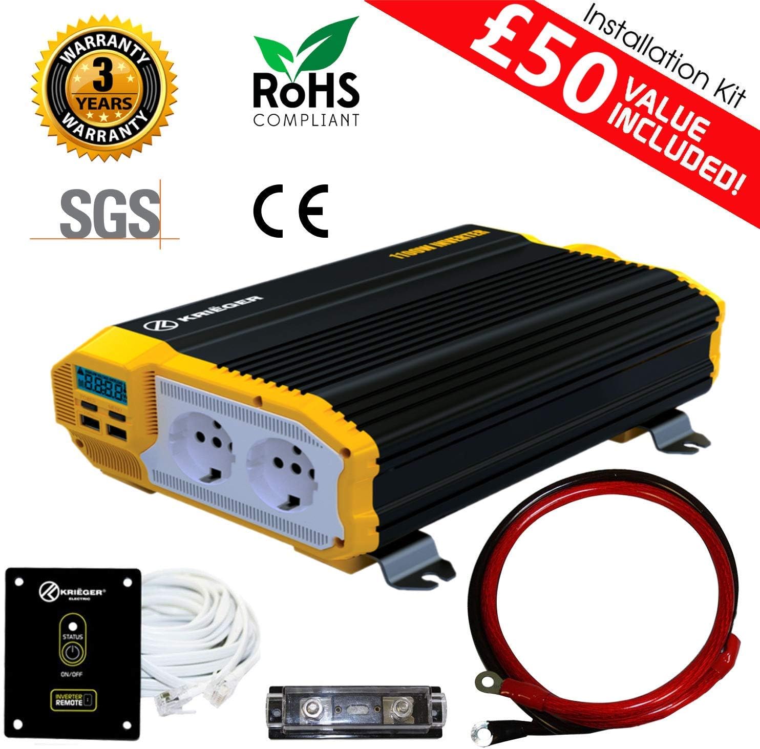 KRIËGER 1100 Watt 12V European Car Power Inverter, Dual 230V AC Outlets, Car Inverter Back Up