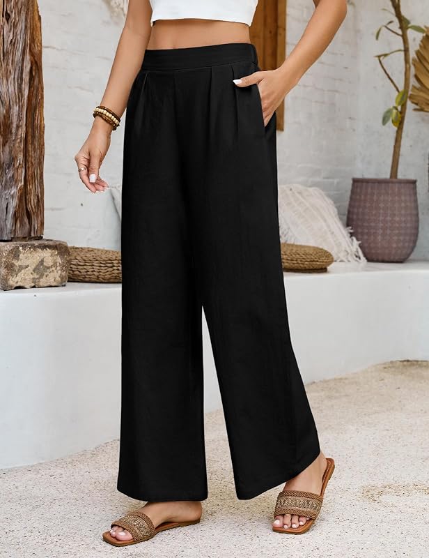Pantalones Mujer Verano Algodon Pantalon Ancho Cintura Elastica Comodo Pantalón con Bolsillos, Negro, M