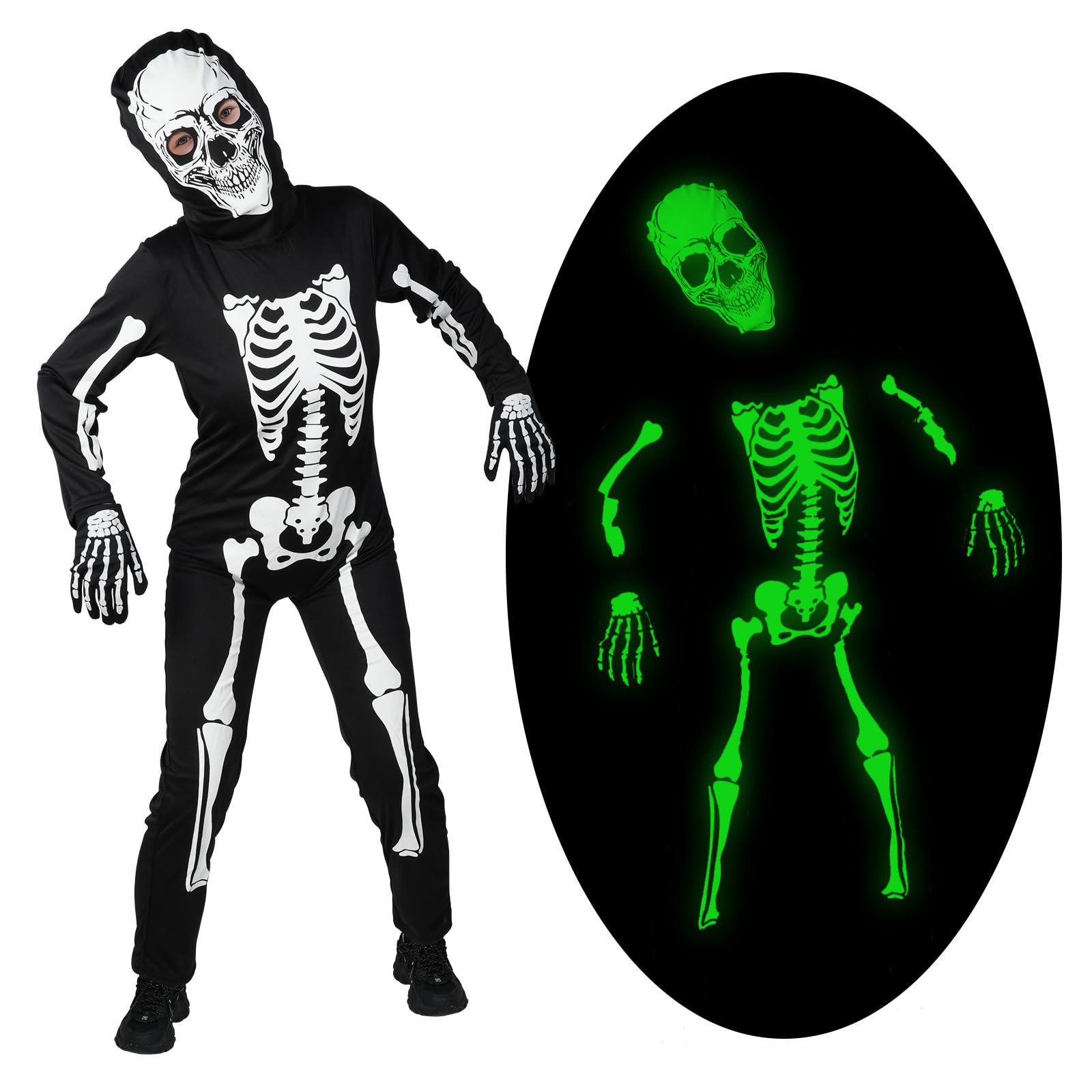 AYBUY Kids Skeleton Costume, Halloween Glow-in-the-Dark Skeleton Jumpsuit, Party Skeleton Costume for Kids, Halloween Fancy Dress Costume for for Halloween Trick-or-Treating Boys and Girls