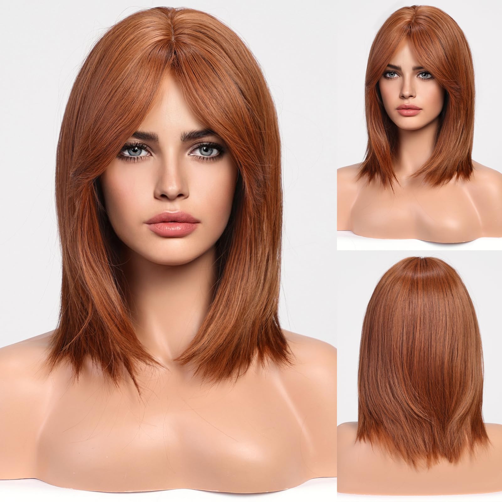 Photo 1 of HAIRCUBE Short Auburn Wigs for Woemn Copper Straight Wig with Curtain Bangs Shoulder Length Natural Synthetic Wig for Daily Use Cosplay