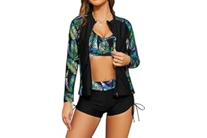 SHEKINI Women's 3 Piece Rash Guard Long Sleeve Bathing Suits with Drawstring Short
