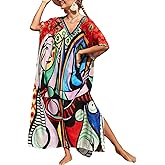 sunforyou Kaftan Dresses for Women Plus Size Lightweight Swimsuit Cover up Batwing Sleeve Print Loungewear Beach Robe
