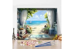 TUMOVO Paint by Numbers Kit for Adults, Adult Paint by Number - Cozy Seaside Cottage with Open Window, Serene Ocean View Land