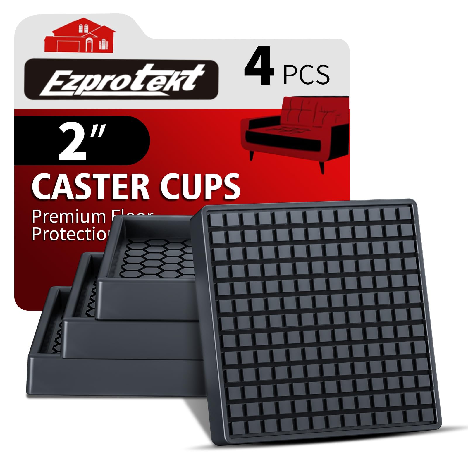 Furniture Coasters - 2"x2" Non Slip Furniture Pads for Hardwoods Floors, 4 PCS Square Rubber Non Skid Furniture Caster Cups, Anti Slide Furniture Feet Floor Protectors for Bed Couch Stoppers (Black)