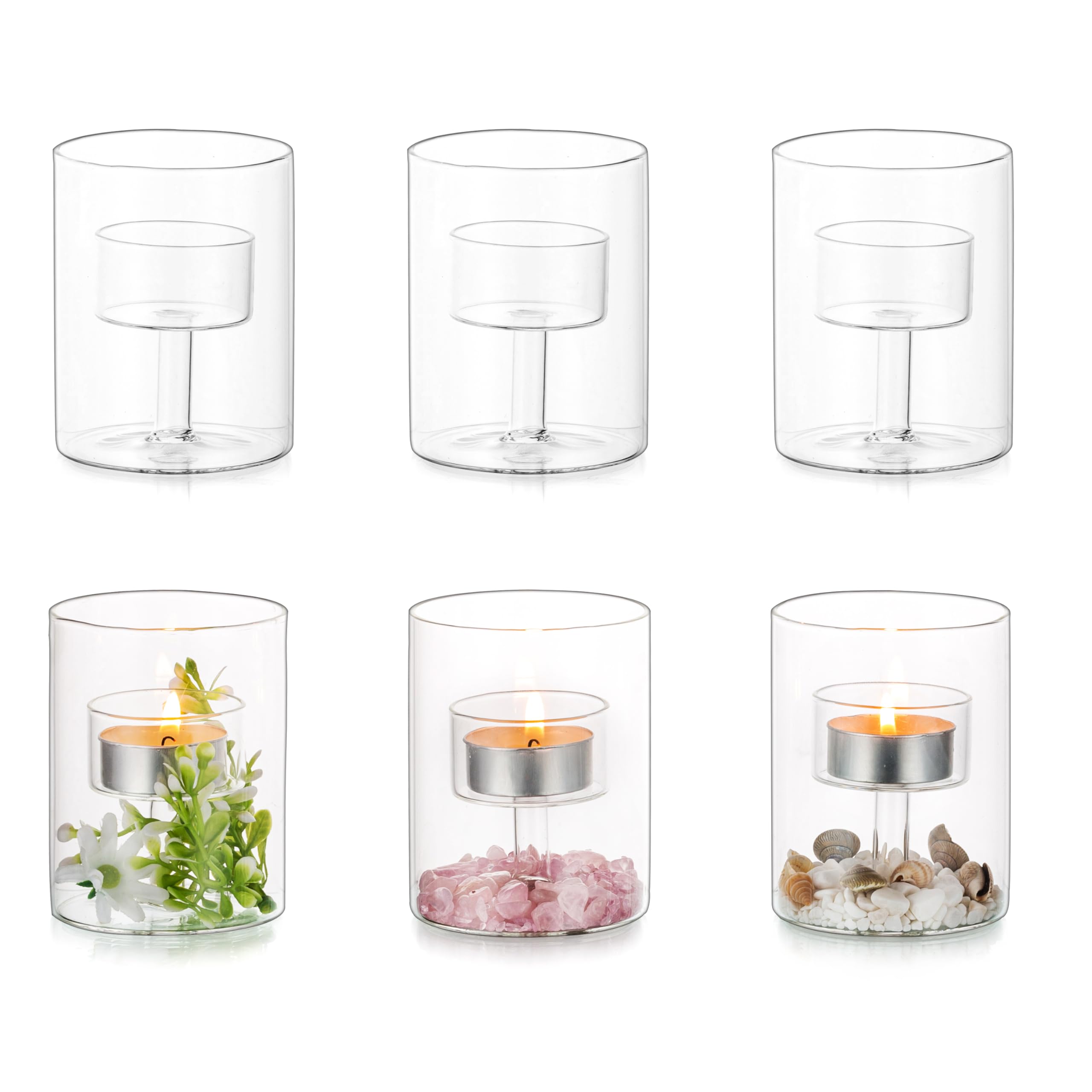 Glasseam Glass Tea Light Candle Holders, Clear Hurricane Candle Holder Small for Votive Tealights Candles, Modern Cylinder 6 Tealight Holders for Wedding Table Centrepiece Decorations