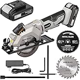 Inequalit Cordless Mini Circular Saw, 4-1/2 Inch 3400 RPM Circular Saw with Laser Guide, Rip Guides, 2 Blades (24T Wood + 60T Metal), Max Cutting Depth 1-11/16" (90°), 1-1/8" (45°)"
