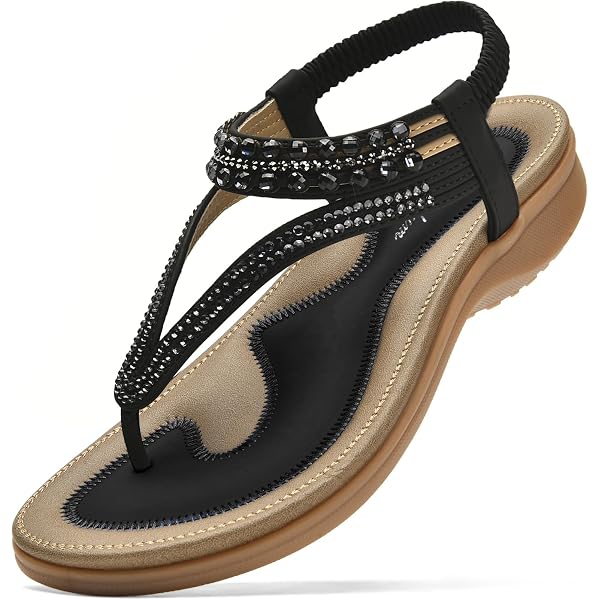 thumbnail image 2 of ICEGIA Women's Flat Sandals Summer Beach Sandal T-Strap Rhinestone Beaded Bohemia Shoes - Outdoor Women's 2 of 11