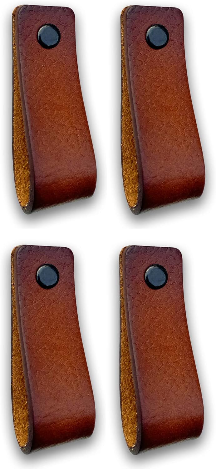 Brute Strength, Leather Handles for Furniture, Cognac, 4 pcs, 16,5 x 2,5 cm, Cabinet Handle, Door Handle for Kitchen Bathroom