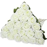 Hotop 20 Pcs Artificial Rose Flowers with Long Stem,Real Touch Silk Realistic Plastic Bouquet Roses Bulk for Home Decor Bridal Wedding Party Table Centerpieces Decorations(White)