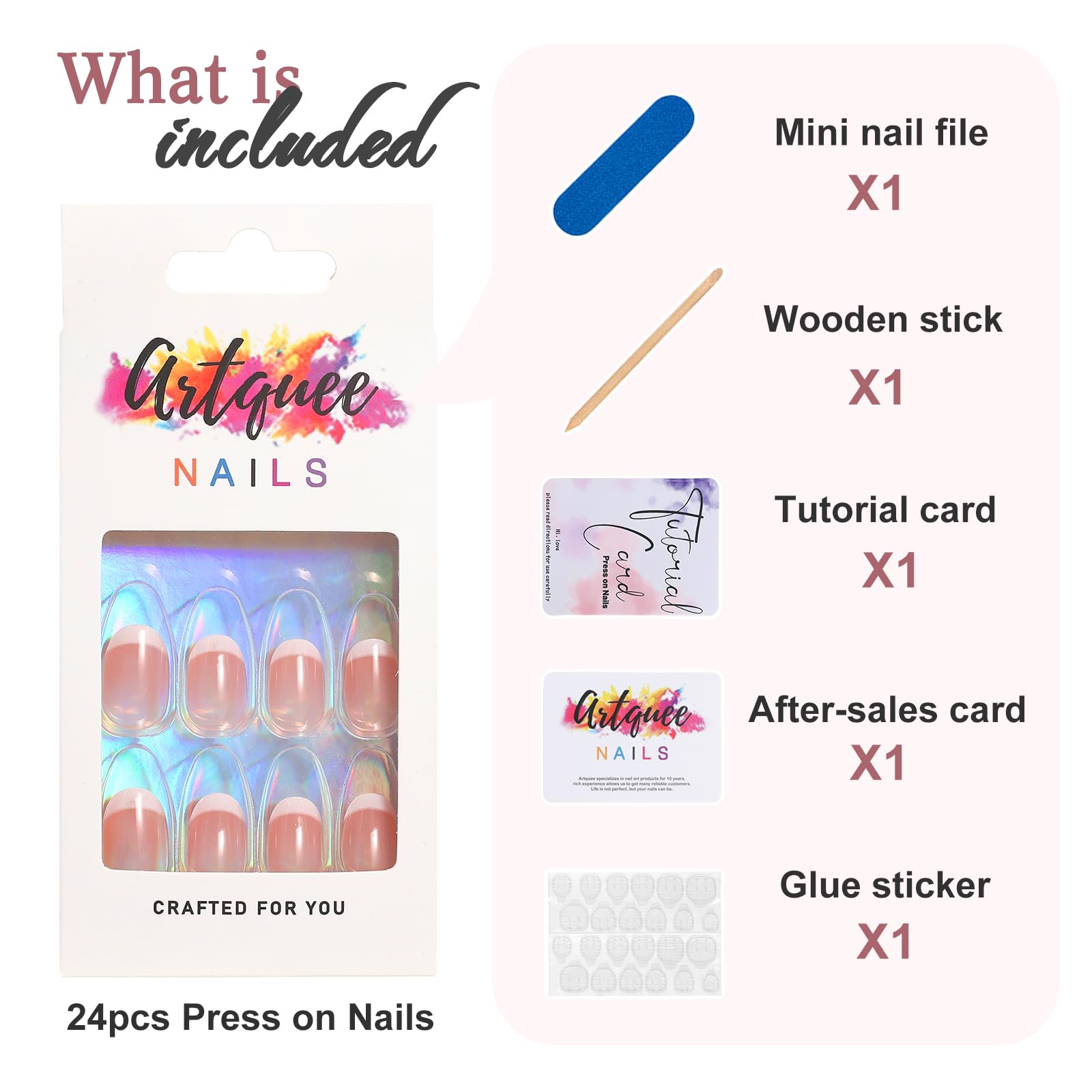 Artquee French Tips Press on Nails Short Clear Pink Fake Nails Oval Cute Acrylic False Nail Full Cover Glossy White Edge Designs Stick on Fingernails for Women 24PCS - Image 4