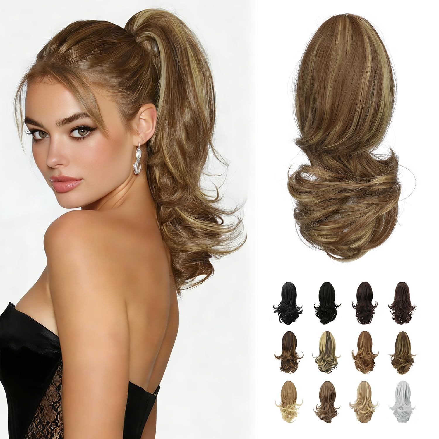 Sofeiyan 13" Ponytail Extension Long Curly Ponytail Clip in Claw Hair Extension Natural Looking Synthetic Hairpiece for Women,Brown & Blonde โ image 1