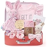 Golray Baby Shower Gifts for Girls, Baby Girl Gifts Baskets with Rattle, Blanket/Bodysuit Set, New Born Essential Stuff, Gender Reveal Ideas Infant New Born Baby Girls Gift Basket