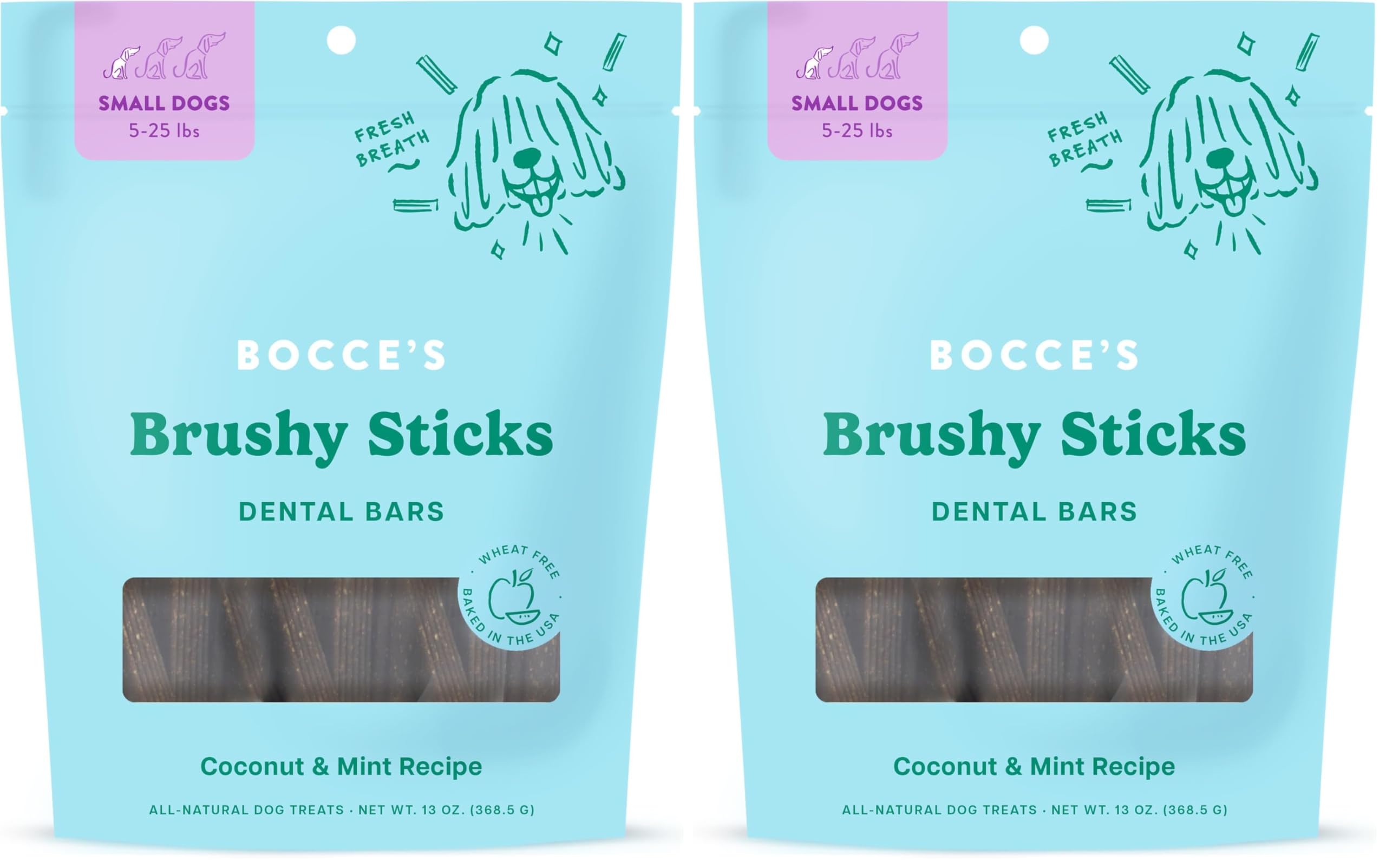 Bocce’s Bakery Dailies Brushy Sticks to Support Oral Health & Fresh Breath, Wheat-Free Dental Bars for Dogs,Made with Real Ingredients, Baked in the USA, All-Natural Coconut & Mint Recipe, (Pack of 2) Image