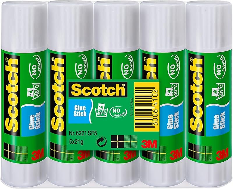 Scotch Permanent Glue Stick Solvent-Free 21g Pack of 5 - Water Based