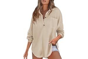 GENERIC Waffle Knit Sweater for Women Casual Long Sleeve Button Down Henley Shirt Blouses Boyfriend Curved Hem Tunic Tops
