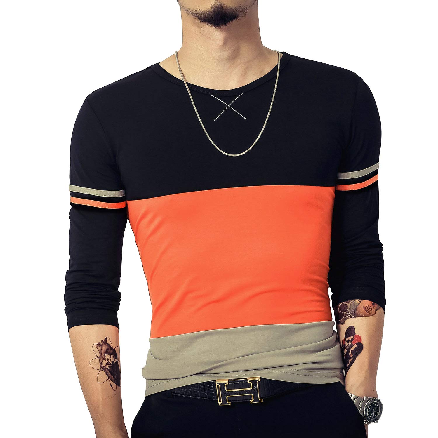 LOGEEYAR Mens Slim Fitted Short/Long-Sleeve Tee Shirts Cotton Contrast Color Stitching T-Shirt Fashion Top