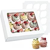 Moretoes 7PCS 12 Count Cupcake Boxes, Bakery Carrier with Window,Auto-Popup | White Bakery Carrier Boxes with Windows and Inserts for Grad Party Dessert Packaging