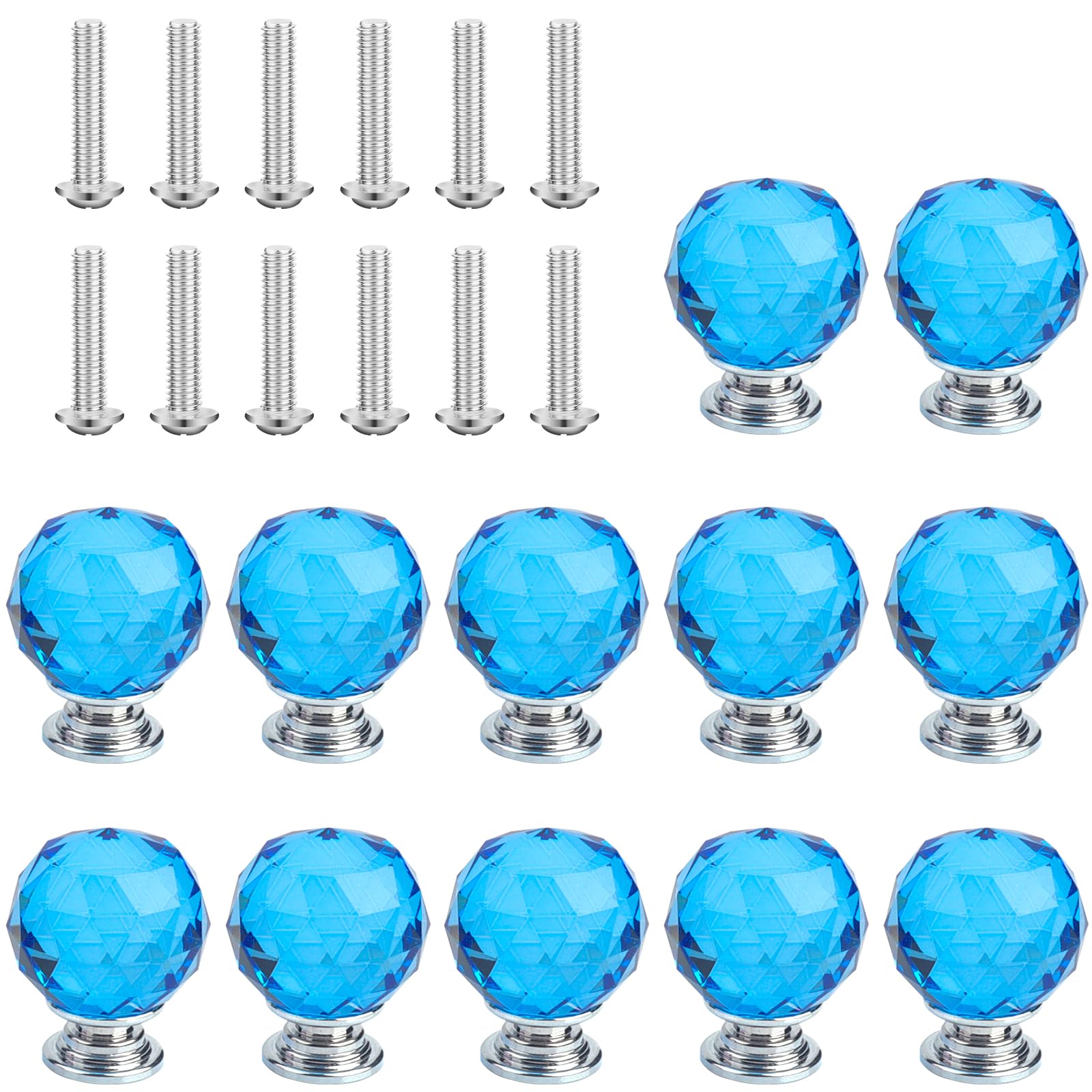 Roellgs 12PCS 30mm Round Clear Crystal Glass Cabinet Knobs, Cupboard Door Drawer Pull Handle with Screws for Home Kitchen Office Cabinet Drawer Decorating (Blue)