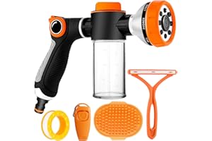 YCCOKJJ Dog Wash Hose Attachment, Hair Brush for Dogs & Cats, 8 Spray Patterns with Soap Dispenser Bottle and De-Shedding Comb for Pet Showering Car Washing, Watering Plants (ORANGE)