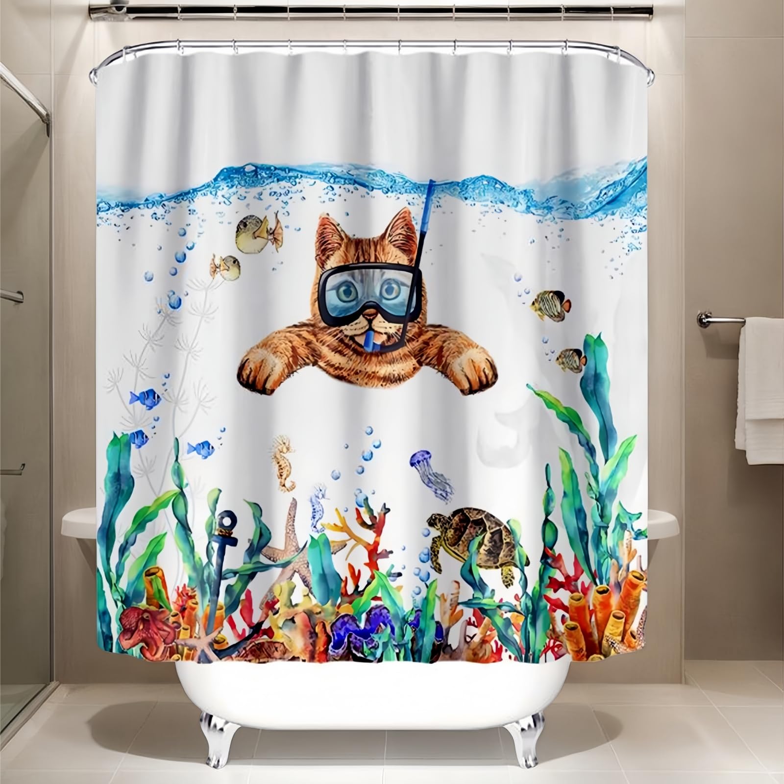 JMAHM Shower Curtain for Bathroom, 180x180 Waterproof Polyester Shower Curtains Animal with 12 Cooks Cath Curtains Bathroom Curtains (Colorful-Water cat, 180X180)