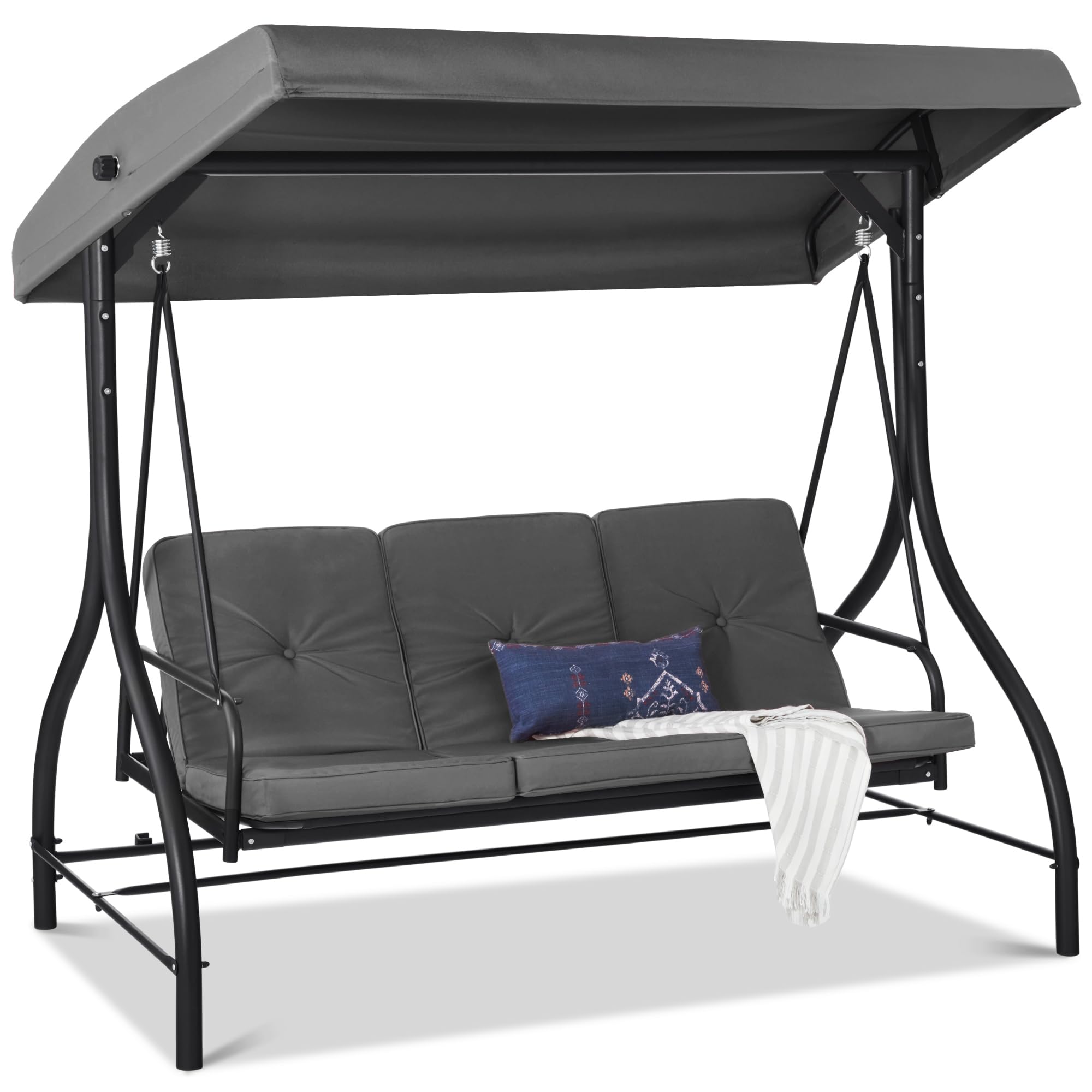 Photo 1 of **UNTESTED**
Best Choice Products 3-Seat Outdoor Large Converting Canopy Swing Glider, Patio Hammock Lounge Chair for Porch, Backyard w/Flatbed, Adjustable Shade, Removable Cushions - Gray