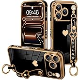 MOWIME Designed for iPhone 17 Pro Max Case with Wrist Strap, Cute Love Hearts Pattern for Women Girls Soft Plating Bumper Anti-Scratch Protective Cover with Stand Kickstand Holder, Black