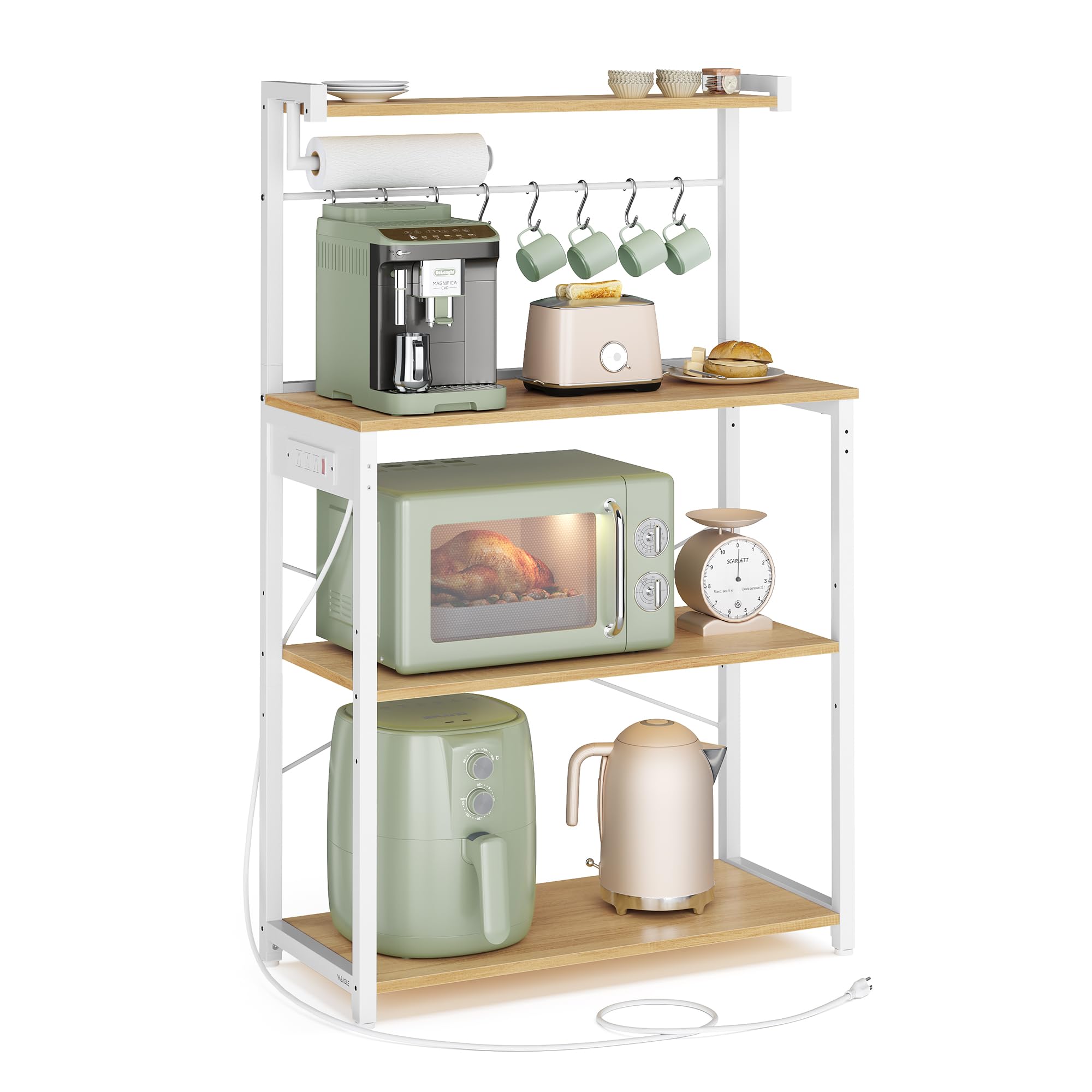 VASAGLE Kitchen Bakers Rack with Power Outlet, Coffee Bar 4-Tier with 8 S Hooks, Microwave Stand, Adjustable Shelf, 15.7 x 31.5 x 55.1 Inches, Golden Oak and Cloud White UKKS029YA01
