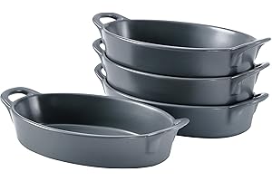 Bruntmor 8" x 5" Oval Porcelain Ceramic Deep Dish Pie Pan Set of 4, Double Handle Au Gratin Baking Dishes, Oven Safe Roasting Lasagna Pan For kitchen- Gray